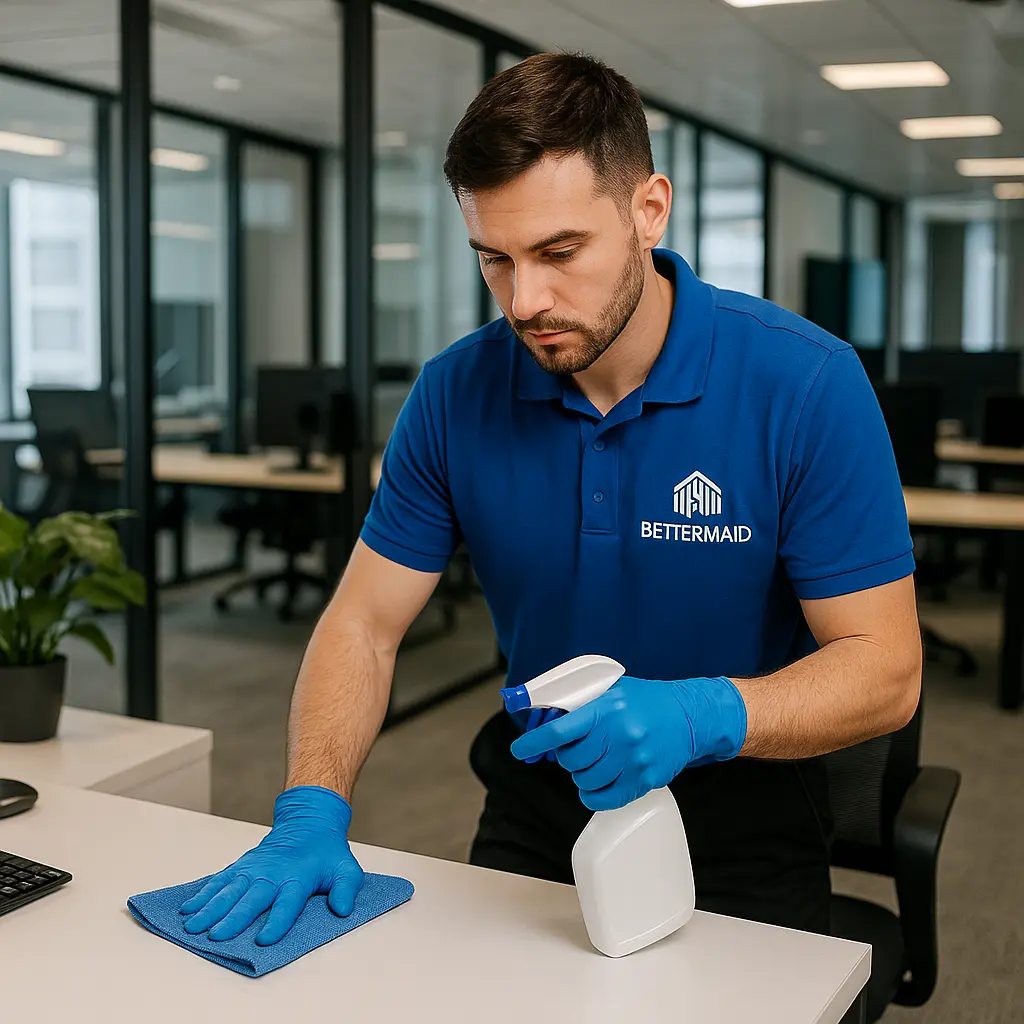 Professional BetterMaid technician cleaning a London office workspace