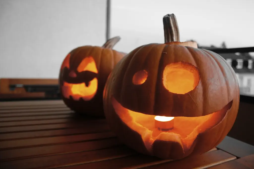 Freshly carved pumpkins on a table