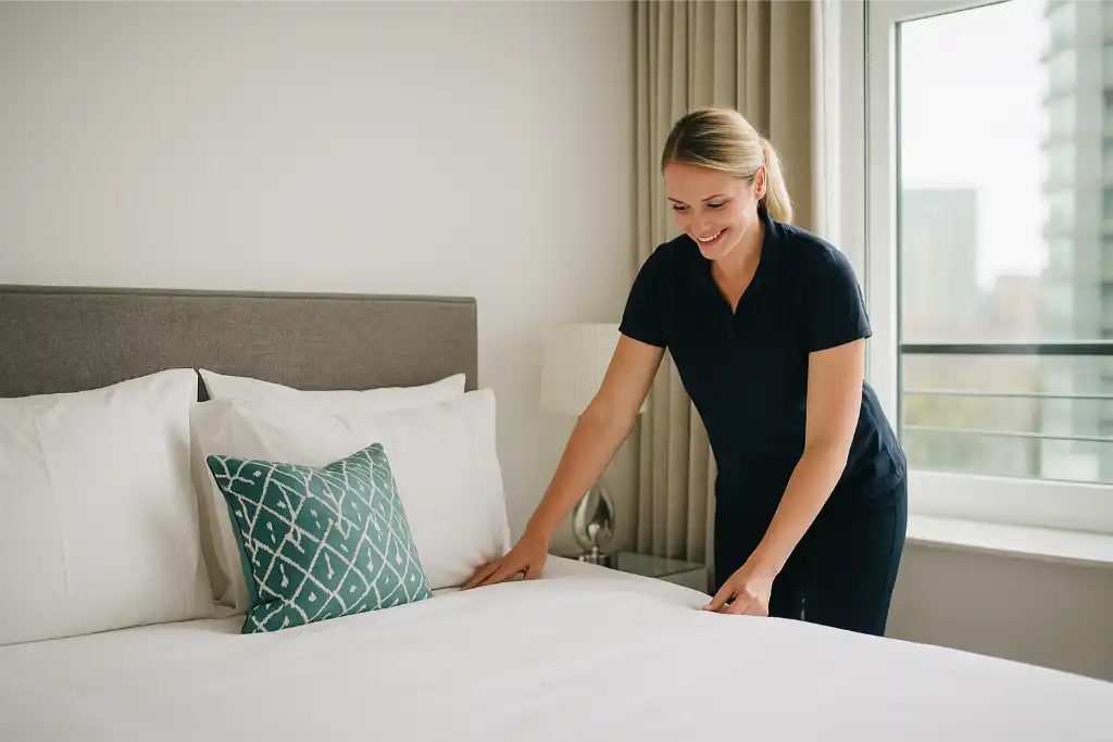 Professional Airbnb cleaner preparing a bedroom in Canary Wharf apartment.