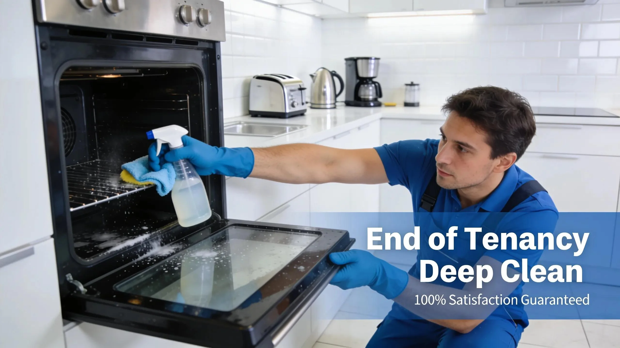 Professional cleaner deep cleaning an oven in a sparkling kitchen, highlighting effective cleaning services
